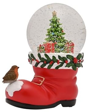 Widdop and Co. The Seasonal Gift Co. - Weihnachtsmannstiefel mit Rotkehlchen Schneekugel Festliche Weihnachtsdekoration Ornament Rot/Grün & Weiß Xmas Homeware Indoor Festlich Urlaub Zimmer Dekor