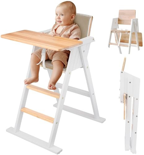VILHA Premium Klapp-Treppenhochstuhl, Baby Hochstuhl aus Holz Highchair ab 6 Monaten, der praktische Baby Treppenhochstuhl mit 3-Punkt-Gurt, Platzsparend Kinderstuhl Holz 103 (Weiss Natur)