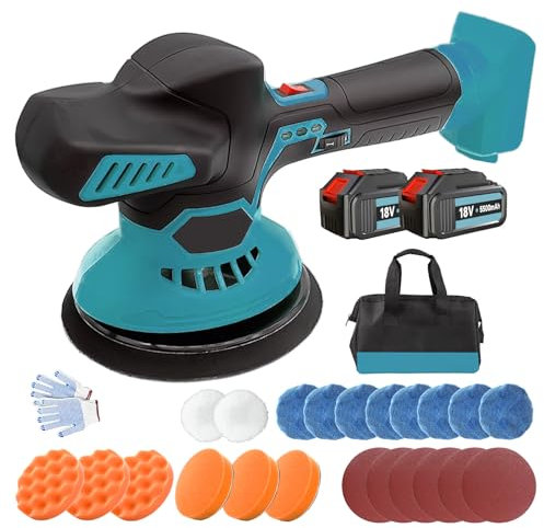 Auto Poliermaschine 18V mit 1x 5.5AH Akku, Ersatz für Makita 18V Akku, 24 PCS Aufsätze, 6 variable Geschwindigkeit 2500 - 5000 RPM, Polierkörper 145mm, Zum Polieren, Schleifen