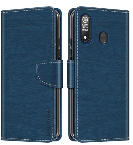 Custodia pelle effetto legno per Amico Smartphone XL Nero - Blu | 6 Custodia flip con chiusura magnetica, portacarte e guscio portafoglio a protezione totale