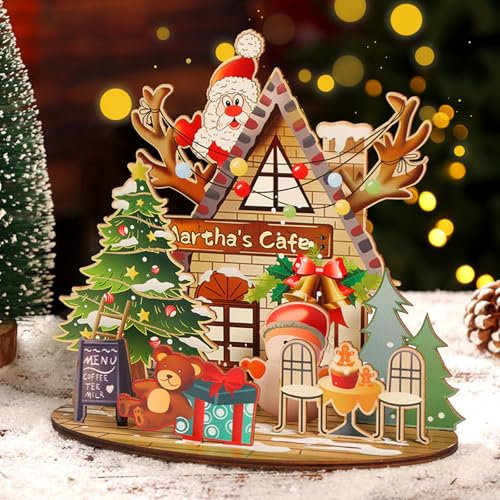 HUIKUANGEU Weihnachtsstadt,Weihnachtsdeko,Weihnachtshaus,Holz Weihnachtsdorf Häuser,Holz Holzhaus Deko Weihnachten Miniatur,Weihnachtsdekorationen,Geeignet für Die Weihnachtsdeko Büro