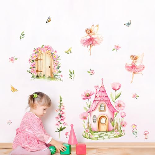 Supzone Wandtattoo Feen Elfen Schmetterling Wandaufkleber Rosa Blumen Cottage Türen Wandsticker Abziehen und ankleben für Mädchenzimmer Kinderzimmer Babyzimmer Schlafzimmer Türen Wanddeko