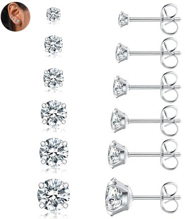 Ohrringe Stecker Silber 925, 6 Paar Ohrstecker Set 925 Cubic Zirkonia Hypoallergen Ohrhänger Studs für Damen Herren, 925 Sterling Silber Damenohrringe Set für Mehrere Piercings 2/3/4/5/6/7MM