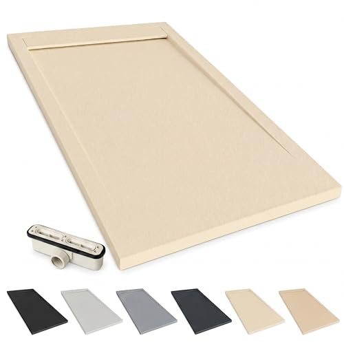 NEBADOON Plato de Ducha Resina Venecia Antideslizante 70x100 Crema | Antibacteriano, textura pizarra cálida al tacto, válvula 60 l/min incluida, corte a medida, fabricado en España