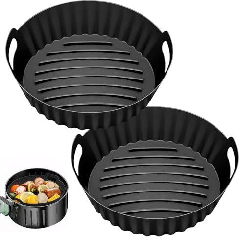 Nutmanel 2 Pièces Rond Moule Silicone Air Fryer Sans BPA, Moule Air Fryer Accessoire pour Philips Ninja Foodi Max Cosori Moulinex Tefal Micro-ondes, Four(noir)