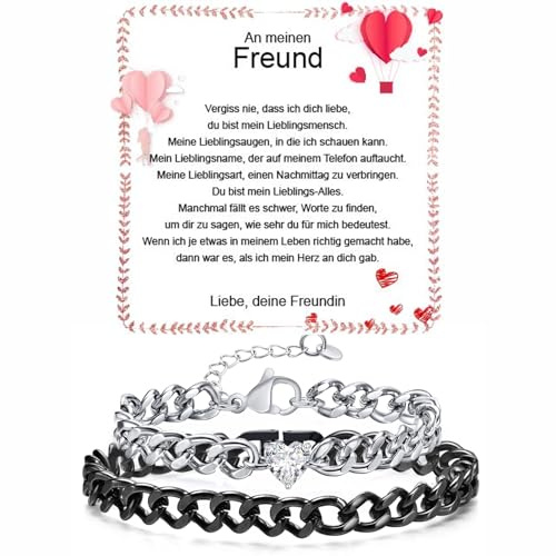 Fehki Edelstahl Paar Armband | Kubanische Kette verstellbar | Romantisches Geschenkset für Paare zum Valentinstag, Jahrestag & Geburtstag