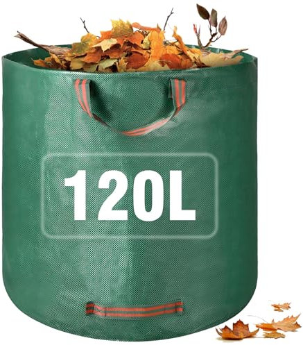Sacs à déchets de jardin, 120 L, très résistants avec poignées, grands sacs poubelle réutilisables verts pour la collecte de l'herbe coupée, 1 paquet