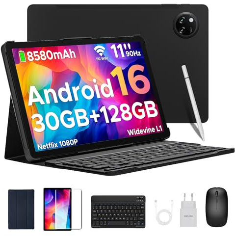 DOOGEE Tab A9 Pro+ Android 16 Tablet con Teclado y Lápiz, 30GB+128GB/2TB Tablet 11 Pulgadas Octa-Core, Gemini AI/8580mAh/5G WiFi/Widevine L1/ Doble Altavoz/Face ID/OTG Tablets Niños con Funda & Raton