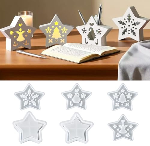 YdseozOA 6 pezzi di stampo in silicone, stampo per colata, stampi in silicone per Natale, casa a stella, amore, fiocco di neve, angelo, gnomo, stampi in resina epossidica per sapone