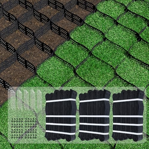Geo Bodengitter, 10,2 cm tief, Kies, Auffahrt, 855 kg pro m² Last, Geogitter-Kieshalter mit Steckern und Heringen für Heimwerker, Terrasse, Gehweg, Schräge, Gras, Wege, Schuppen, Basis und Parkplatz