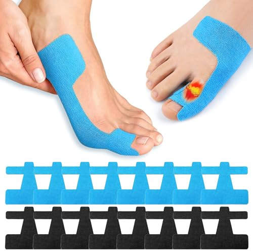 Koxtyzo Hallux Valgus Kinesiotape, 50 Stück Hallux Valgus Bandage, Vorgeschnittene Orthesen für Zeh und Fuß, für Damen & Herren, Weich Atmungsaktiv und Sanft zur Haut (Schwarz + Blau)