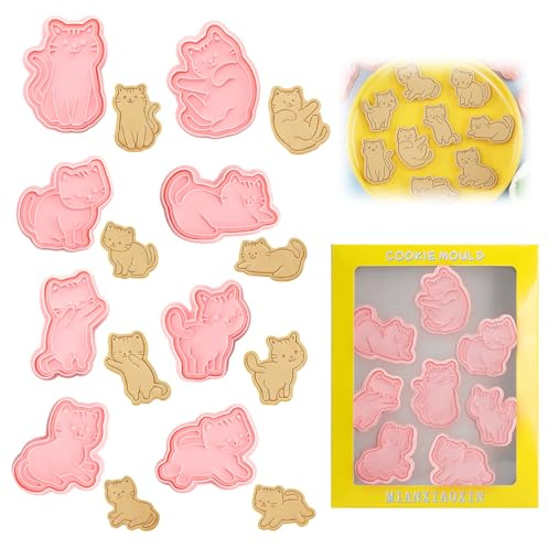 JYYWTSI Lot de 8 Emporte-Pièces Chat avec Petite Spatule Noire, Moule à Biscuit 3D en Plastique, Emporte-Pièce Pâtisserie pour Biscuits Fondant Gâteaux Pâte à Sucre, Accessoire de Cuisine pour Fête No