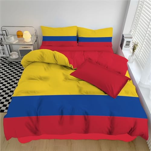 Juego De Funda De Edredón Reversible Con Fundas De Almohada, Diseño Bandera Colombiana Rayas Con Bloques De Color 220X240Cm, Tejido Transpirable, Amarillo Mostaza, Fácil Cuidado, Lavable A Máquina