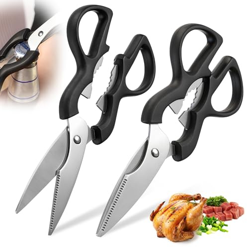 Enhon Paquet de 2 Ciseaux de cuisine, 21 cm, ciseaux multifonctions avec fonction casse-noix et ouvre-bouteille, universels ciseaux de cuisine en acier inoxydable à lames dentelées