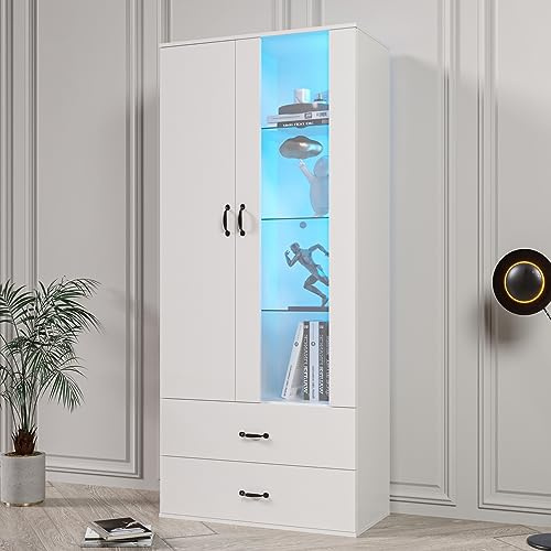 Oxtao Vitrine, Standvitrine mit 2 Türen und 2 Schubladen, Glasvitrine mit LED-beleuchtete, freistehende Vitrine, Multifunktionsschrank für Wohnzimmerschrank und Esszimmern (Weiß, 60x35x182.5CM)