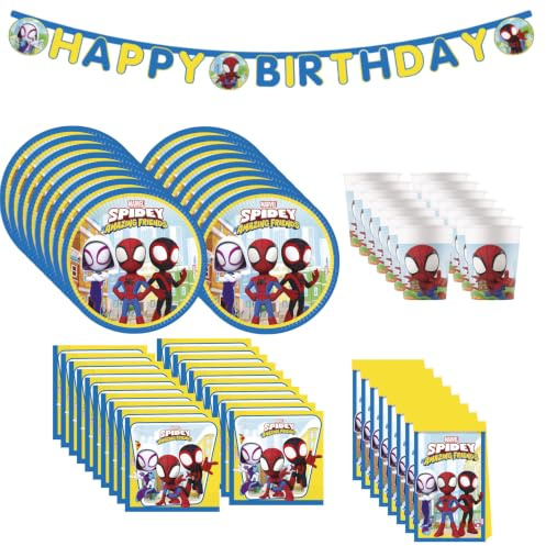 Procos Spidey & His Amazing Friends Partyset 61-tlg. für 16 Kinder FSC® | 16 Teller, 16 Becher, 20 Servietten, 8 Partytüten, 1 Partykette
