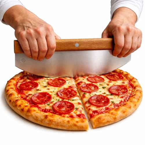 Pizzaschneider 32 cm aus Edelstahl mit Holzgriff Profi Pizzamesser | Pizza Cutter als Wiegemesser – saubere Schnitte ohne Belag zu verschieben – für Pizza & Flammkuchen
