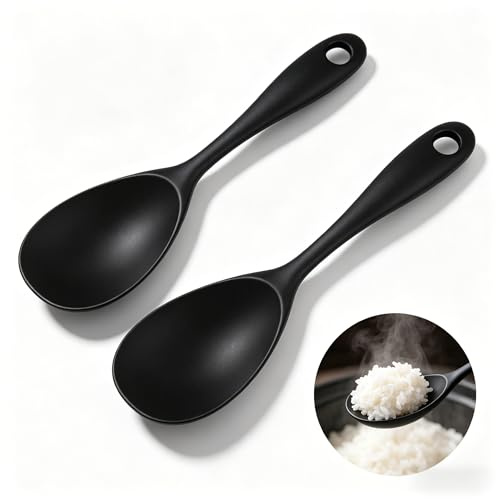 2 Pack Silicone Rice Paddle, Non-Stick Rice Serving Spoon with Stainless Steel Core, Heat Resistant Rice Cooker Spoon, Non-Scratch Black Silicone Spoon for Rice, Porridge and Mashed Potatoes