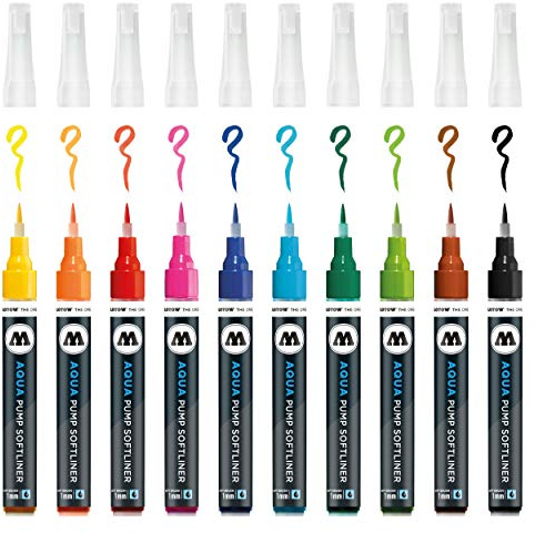 Molotow Grafx Aqua Ink Pump Softliner (Marker Basic-Set 1, Strichstärke 1 mm, für Aquarelle und Kalligrafie) 10 Stück sortiert