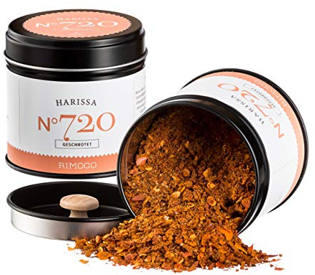 Rimoco N°720 Bio Harissa Gewürzmischung - Traditionell, feurige, nordafrikanische Würzmischung | Schärfegrad: 3 von 5 | Bio Anbau (DE-ÖKO-007) | 55g in eleganter Gewürzdose mit Aromadeckel