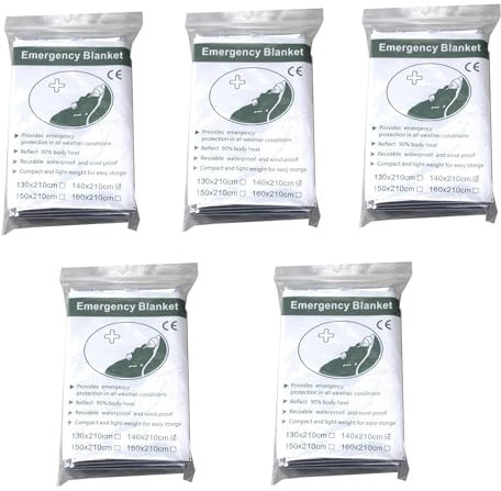 Lot de 5 Couvertures d'urgence 210 x 140 cm, couverture de survie réfléchissante à la chaleur, couverture thermique argentée
