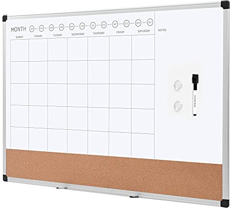 Amazon Basics 24 x 36 Monthly Whiteboard Calendar with Cork Board, Dry Erase Magnetic Whiteboard for Daily Planning, Wall Mounted, Silver Aluminum Frame
