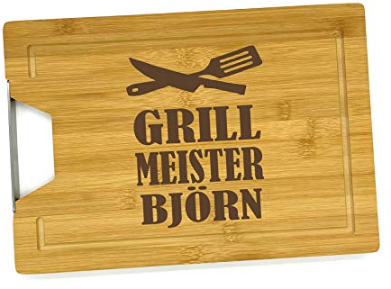 Saphir Design Holzbrett mit Gravur Grill Meister Schneidebrett personalisiert Name Holz 33x23x1,8 cm | Küchenbrett Name personalisiert Geschenk Grillen | Bambus Brett graviert (KSB-11)