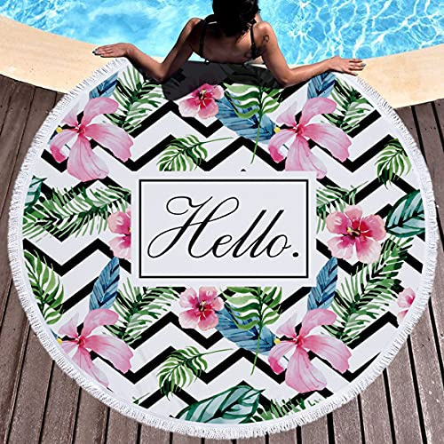 Mikrofaser Runde Strandtuch mit Quaste, Chickw1 Pflanzen Drucken Schnelltrocknend Badetuch Sandfreie Handtuch Reisehandtuch für Strand Schwimmen Yoga Tapestry (Hibiskus,Durchmesser 150cm/59?)