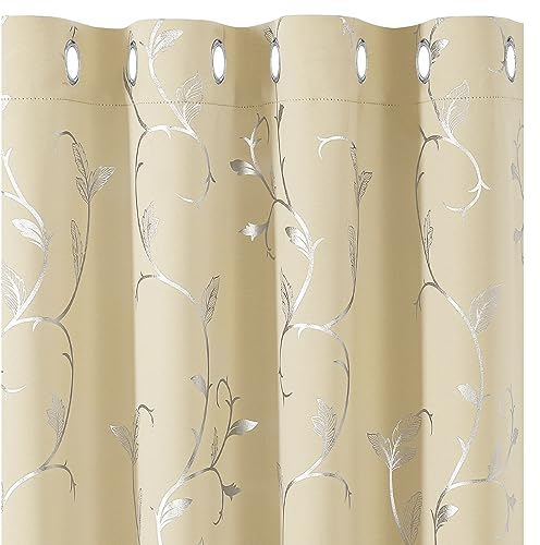 BUHUA Verdunkelungsgardinen mit Ösen, Thermo Gardinen Blickdicht Vorhänge, Verdunkelungsvorhänge Weinstock Muster Wohnzimmer, 2er Set H 137 x B 168 cm, Beige