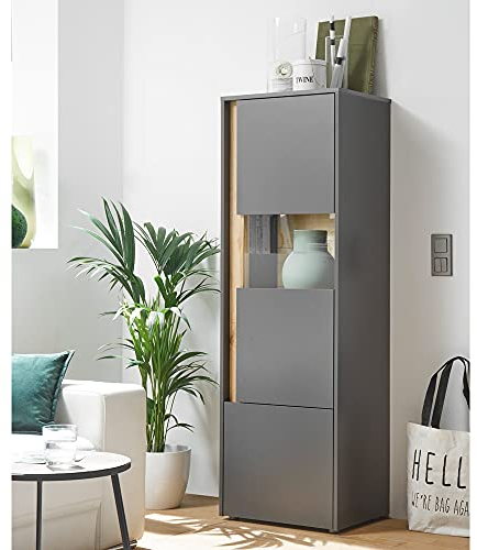 Lomadox Beleuchteter Vitrinenschrank in anthrazit mit Absetzungen in Wotan Eiche Nb., B/H/T: ca. 50/155/40 cm