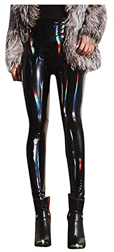 Kunstleder Leggings Damen - High Waist Lange Pu Leder Hose Lackleder Skinny Fit Strumpfhosen Treggings Nass Aussehen Glänzend Jeggings Hosen