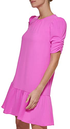 DKNY Women's Trapeze Dress with Ruched Sleeves and Ruffle Hem