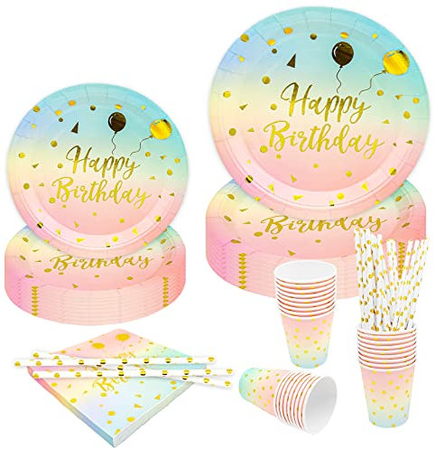 NINEFO Set di stoviglie per feste di compleanno per bambini, 120 pezzi set di stoviglie da festa arcobaleno con bicchieri tovaglioli cannucce, piatti di carta compleanno per ragazza (24 ospiti)
