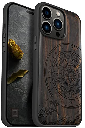 Carveit Handyhülle für iPhone 14 Pro Max, Dunklesholz-Kompass Kanagawa | Holz Cover kompatibel MagSafe Silikon Stoßfeste Case, Magnetisch Hull für iPhone 14 Pro Max Handyhulle