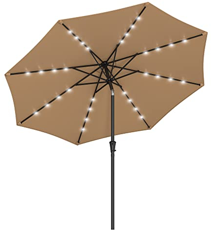 SONGMICS Garten-Sonnenschirm, 2,7 m, 32 LED-Lichter, solarbetrieben, UPF 50+, Doppel-Kippsystem, 30 Grad drehbar, für Terrasse, Pool, Balkon, ohne Sockel, Taupe GPU040K01V1