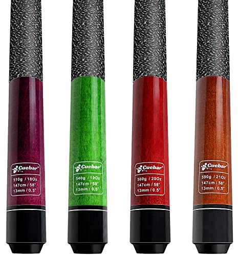 CUEBAR Billard House Bar Pool Queue Sticks 4er Set 58 Zoll Pool Tisch Stick 18 19 20 oz Hartholz Queue Sticks Zubehör für Männer Frauen - Lila Grün Rot Braun