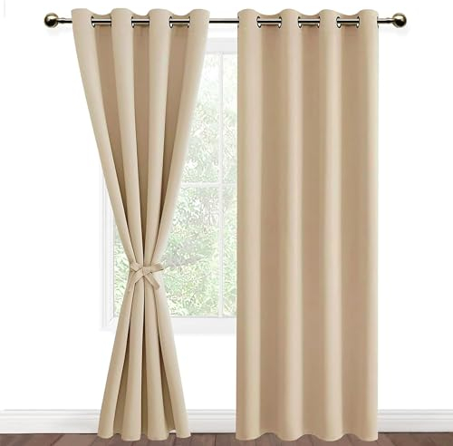 DWCN Vorhänge Blickdicht mit Raffhalter Verdunklungsvorhänge mit Ösen 2 Stücke Thermovorhang Hitzeschutz für Schlafzimmer, WonhzimmerBüro, Biscotti Beige, 245x132cm(HxB)