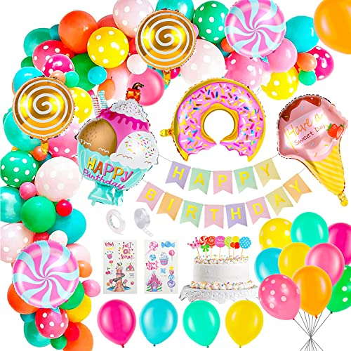 Dekoration für Geburtstag, Mädchen, Regenbogen, Victse Luftballons, Geburtstag, Party mit Banner, Happy Birthday, Eiskugeln, Luftballon Wolken, Regenbogen, Sterne, Mond für Kinder (A)