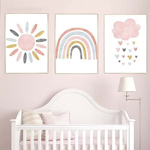 Recrtain Kinderzimmer Wanddrucke Rosa Sonnenschein Regenbogen Wolke Leinwand Wandkunst Kind Wandkunst Poster Boho Nordische Wandbilder für Mädchen Baby Kinderzimmer Dekor ungerahmt