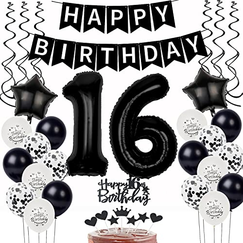 Schwarz Weiß Luftballons 16. Geburtstag Dekoration,Geburtstagsdeko 16 Jahre Junge Mädchen Tortendeko 16 Geburtstag junge Ballons 16. Junge Happy Birthday 16 Jahre Junge deko