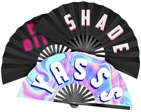 Amyhill 3 Pcs Large Bamboo Hand Fan Rave, Folding, Foldable, Iconic, Shade, Bye, Handheld Chinese Fan for Women Men Festivals Parades Burlesque Party Performance Dance, 26 Inch(Vivid)