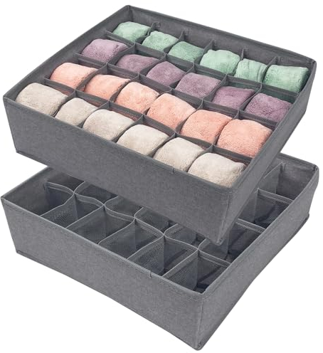 Avesteir Set di 2 organizer cassetti intimo, 24 Celle porta mutande da cassetto, Pieghevole organizzatore di biancheria intima, scatola porta calzini, per Reggiseni, Fazzoletti e Cravatte (Grigio)