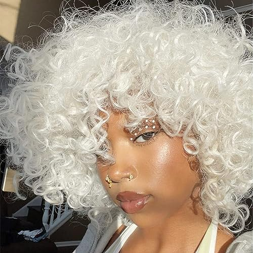 Colorfulpanda Perücke Afro Kinky weiße Damen Kurze Wellige Perücken Locken Für Frauen Synthetische Natürliche Haar Wig mit Pony Natürlich lockige Perücke