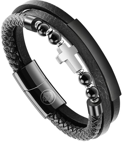 Casisto.J Lederarmband Herren Armband Herren Männer Leder Geflochten Perlen Edelstahl Kruzifix Schwarz mit Magnet Verschluss Geschenkpackung