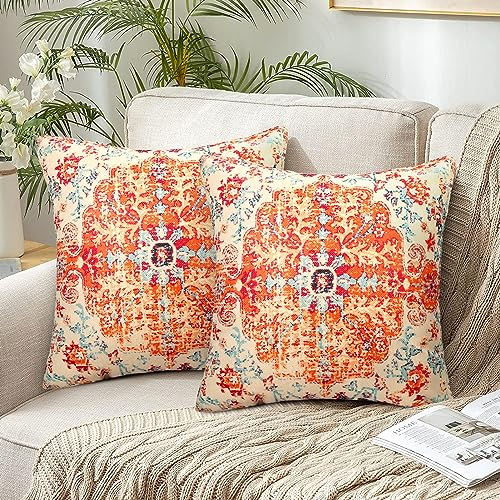 Chicamy 50x50cm Kissenbezug Leinen Kissenhülle Boho Dekorative Doppelseitiger Druck Kissenbezüge Türkischer Teppich Muster Vintage Zierkissenbezug für Sofa Wohnzimmer Schlafzimmer Garten 2er Set