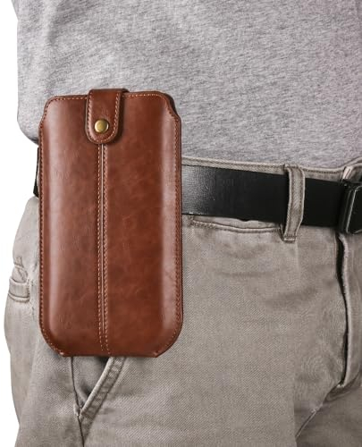 Slim Leather Cell Phone Holster Men Case,Belt Cell Phone Holder, Leather Phone Pouch Compatible with iPhone 14 13 Pro Universal Smartphone Leather Sheath Compatible with Galaxy S23,S22,Wallet Case (C
