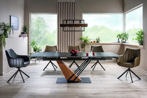 designimpex Design Esstisch GN-111 Keramik Marmor Schwarz - Eiche ausziehbar Esszimmer Tisch, Farbe:Marmor Schwarz - Eiche