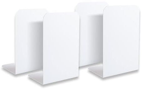Quixotical 4 Stück Bücherstütze, Buchstützen Metall Weiß, 21 x 9 x 13.5 cm Buchhalter Regal, Bücherständer rutschfeste, Buchständer Bookends, für Schule