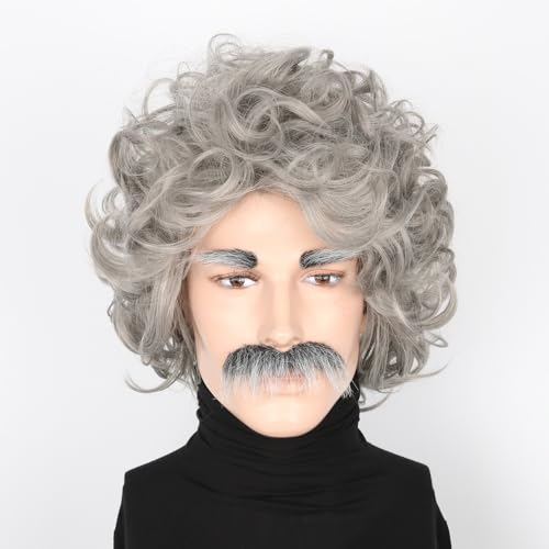 LeMarnia Verrückte Wissenschaftler Perücke Grau Alte Mann Perücke Halloween Kostüm Perücke mit Schnurrbart Augenbrauen