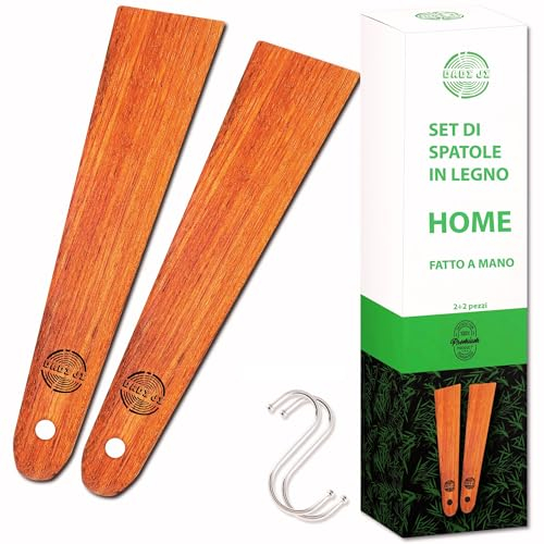 DADI JI-Set Utensili Cucina Legno Manico lungo Spatole da Cucina 30CM, Attrezzi Multiuso per Girare Spalmare e Raschiare Alimenti, Antigraffio, Ideali per Ghisa, spatole 2 pezzi e 2 ganci